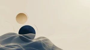 Abstract minimalist creation-themed background with navy and gold circles on a beige backdrop